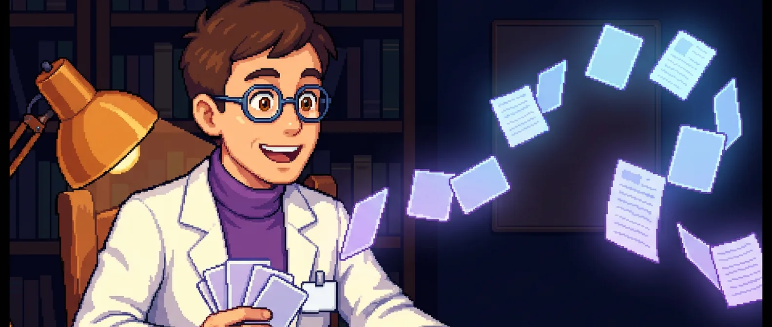 A pixel-art scene — Science Stanley at his desk in a night library, delightedly fanning glowing blank cards from one hand as a stream of luminous pages drifts through the dark air beside him; the content engine at work