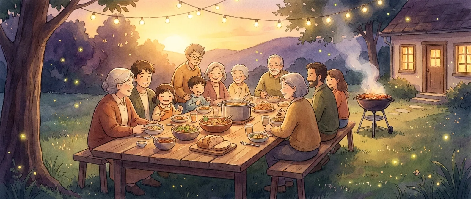 A warm Studio Ghibli scene — a backyard summer table at golden hour, a diverse group of friends and family sharing a cookout, soft lantern light and long grass, everyone included and at ease around the food