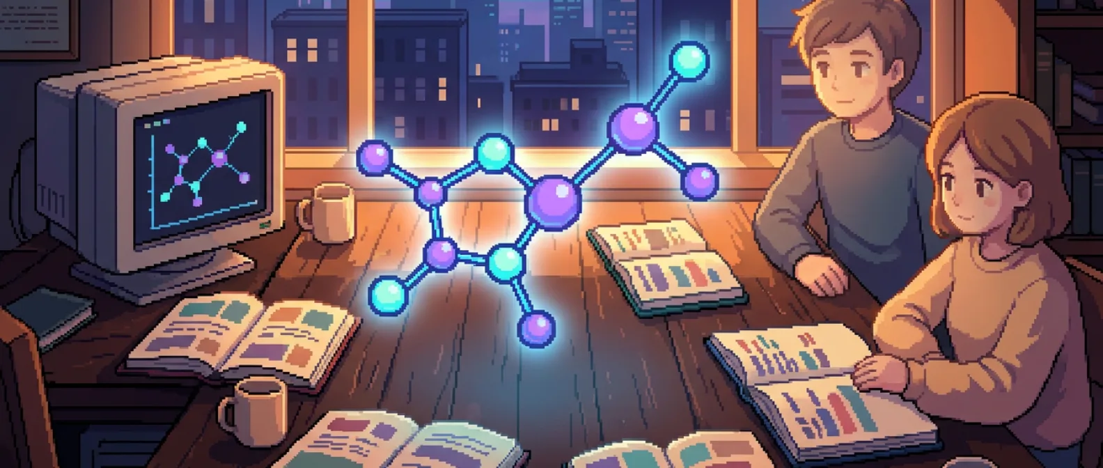 Pixel-art scene — a molecule rendered as a glowing graph floating above a dark warm desk: softly luminous round nodes for atoms connected by clean lines for bonds, in purple and cyan over deep blue, a computer perceiving structure as connected dots and lines