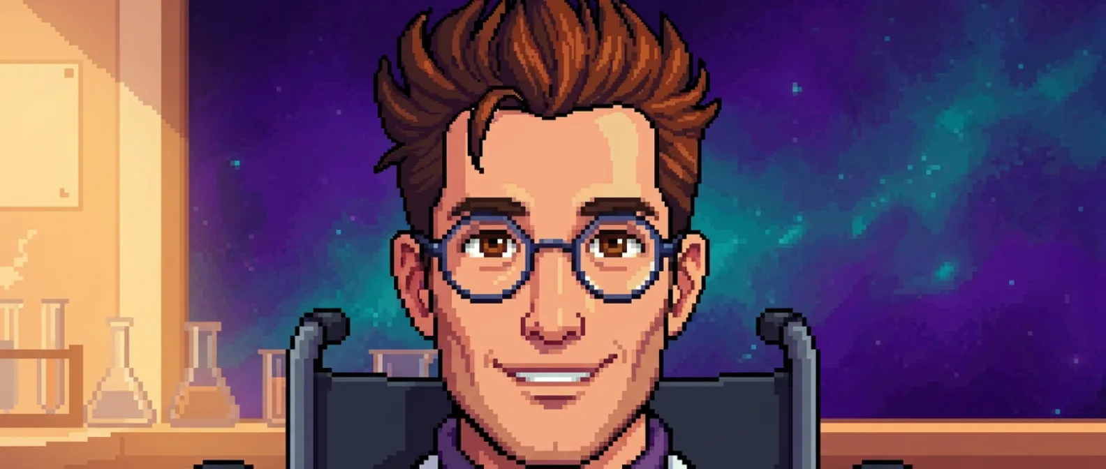 Pixel-art portrait of Science Stanley in his sunlit lab — spiky brown hair, round blue-framed glasses, white lab coat over a deep purple turtleneck — seated in his wheelchair and turned warmly toward the viewer, a cosmic purple starfield behind him
