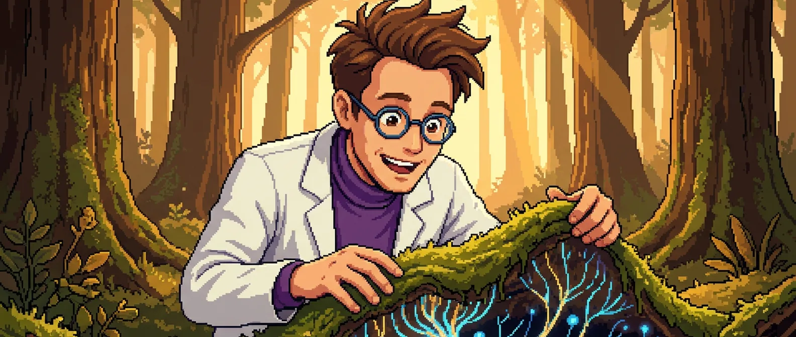 A pixel-art scene — Science Stanley kneeling on a golden-hour forest floor, lifting a mat of moss with both hands to reveal a radiant blue-gold web of roots and fungal threads beneath the soil; the invisible web under your feet
