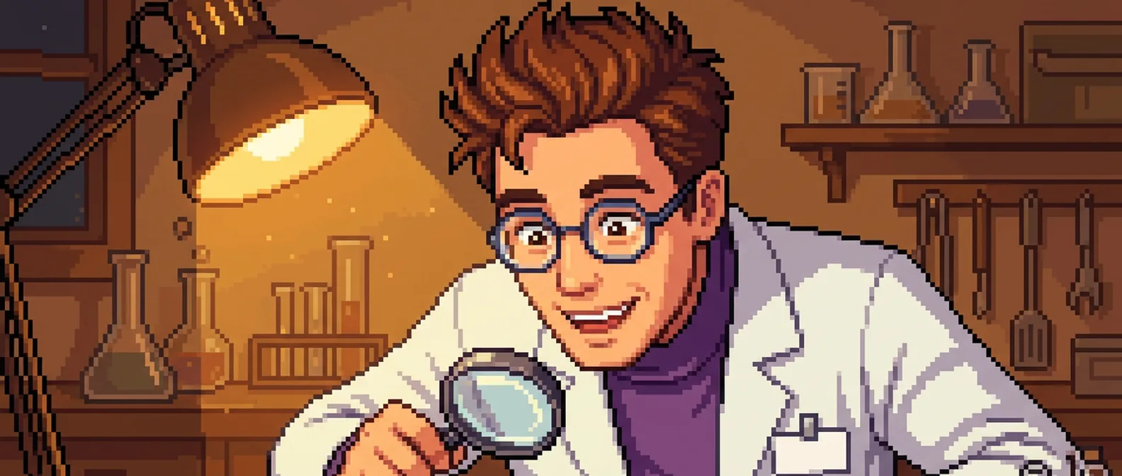 A pixel-art scene — Science Stanley leaning in with a magnifying glass over tiny glowing protein structures on his lab bench, delighted under the warm desk lamp; the elegant nanomachines up close