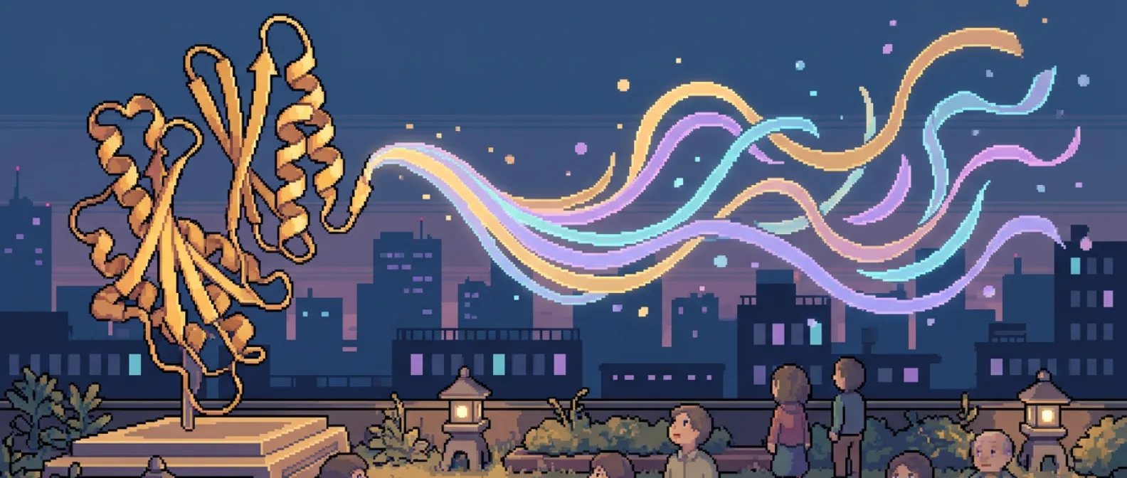 Pixel-art scene — a gracefully folded protein ribbon that unspools into flowing, sentence-like strands of soft light drifting across the frame, warm golden ribbon with cool purple-cyan strands over deep blue, form becoming language