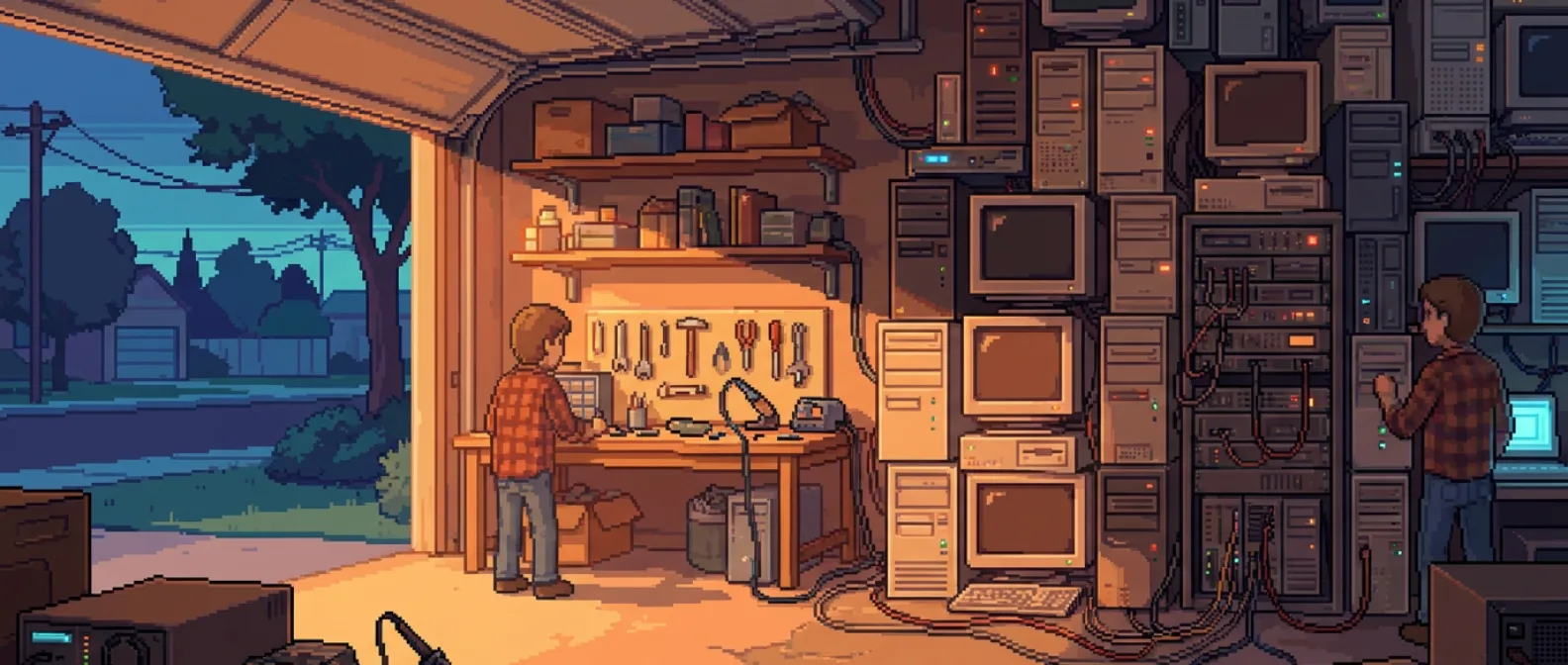 Pixel-art scene — a 1990s Palo Alto garage claimed for computing: a tall wall of mismatched secondhand desktop towers with softly glowing power LEDs, a cluttered workbench and hand tools, warm evening light through a half-open garage door