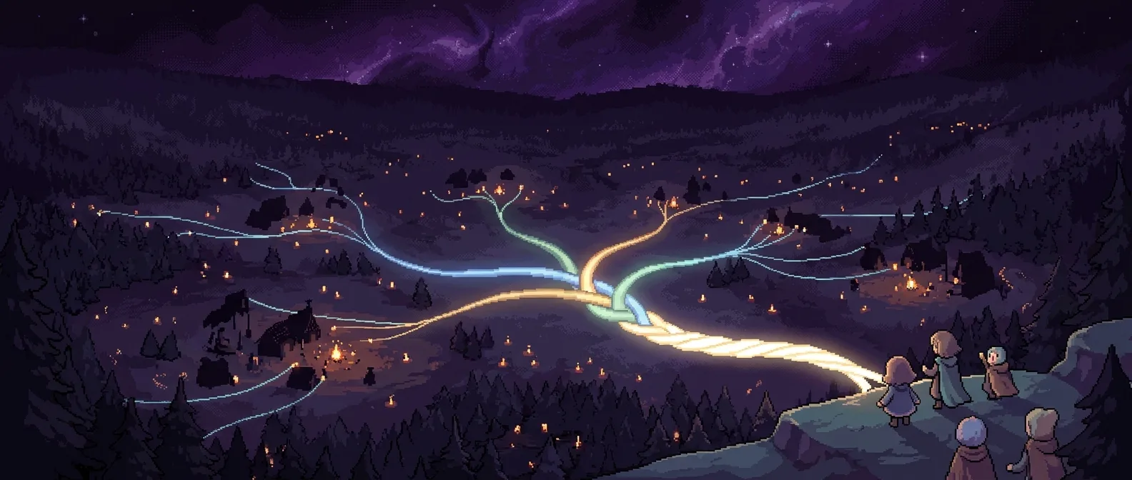 A dark cosmic valley at night where threads of blue, green, and gold light braid into one bright path, watched by a small group of figures on a ridge.