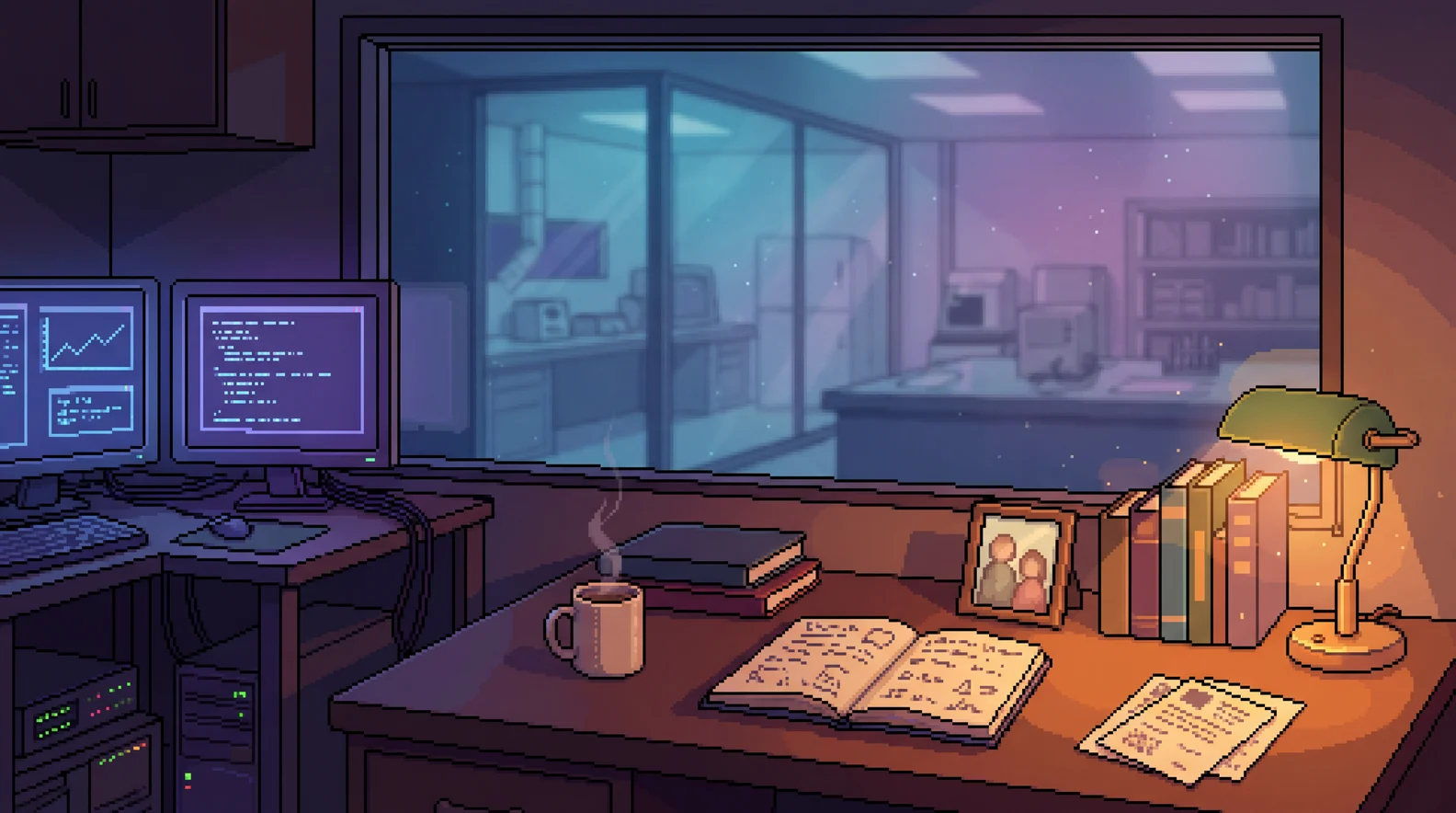 Pixel-art night-lit lab office: a dark wood desk under a warm amber lamp with an open notebook, a mug, books and a small framed photograph; monitors glowing cool blue at the left; a wide window behind looking through to a glass-walled clean lab. Nobody is in the room.