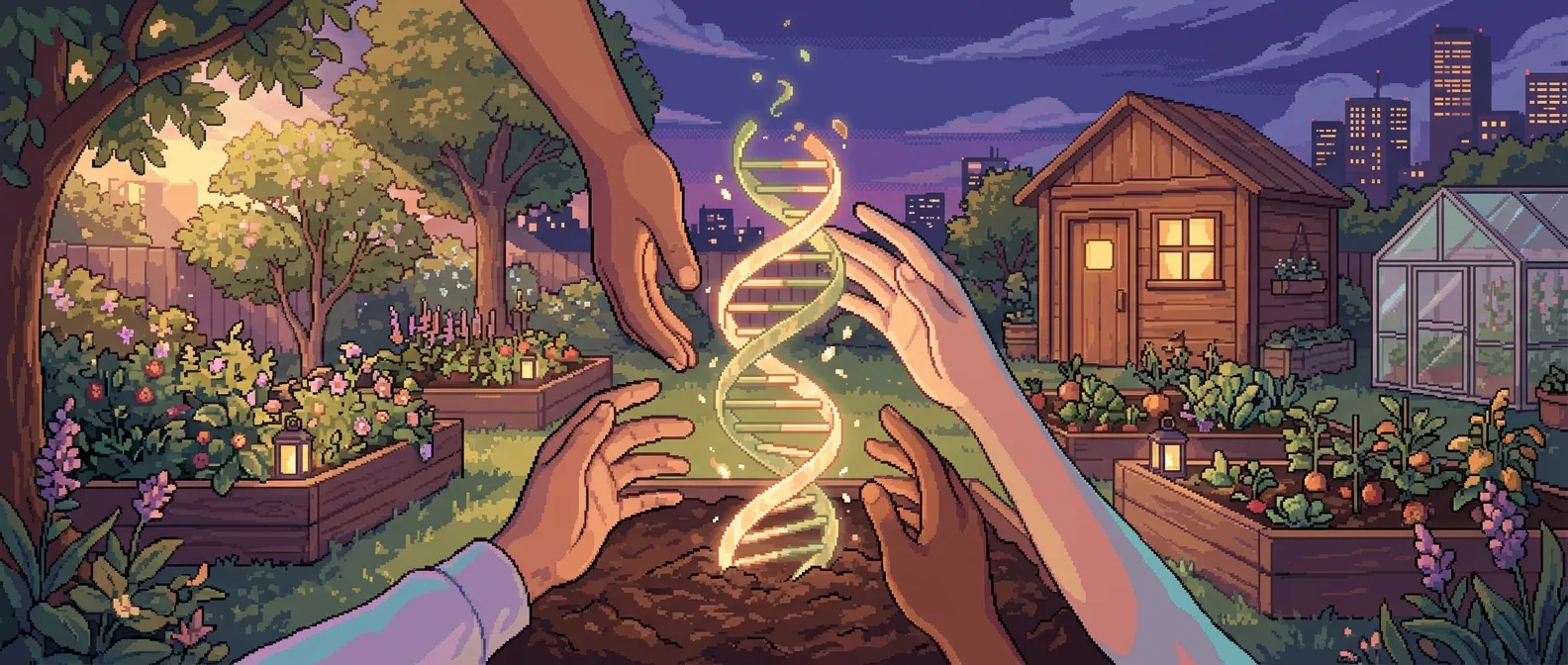 Pixel-art community garden at dusk: many hands cradle and reach toward a glowing DNA double-helix rising from the soil, with garden beds, a lit shed, and a city skyline behind.