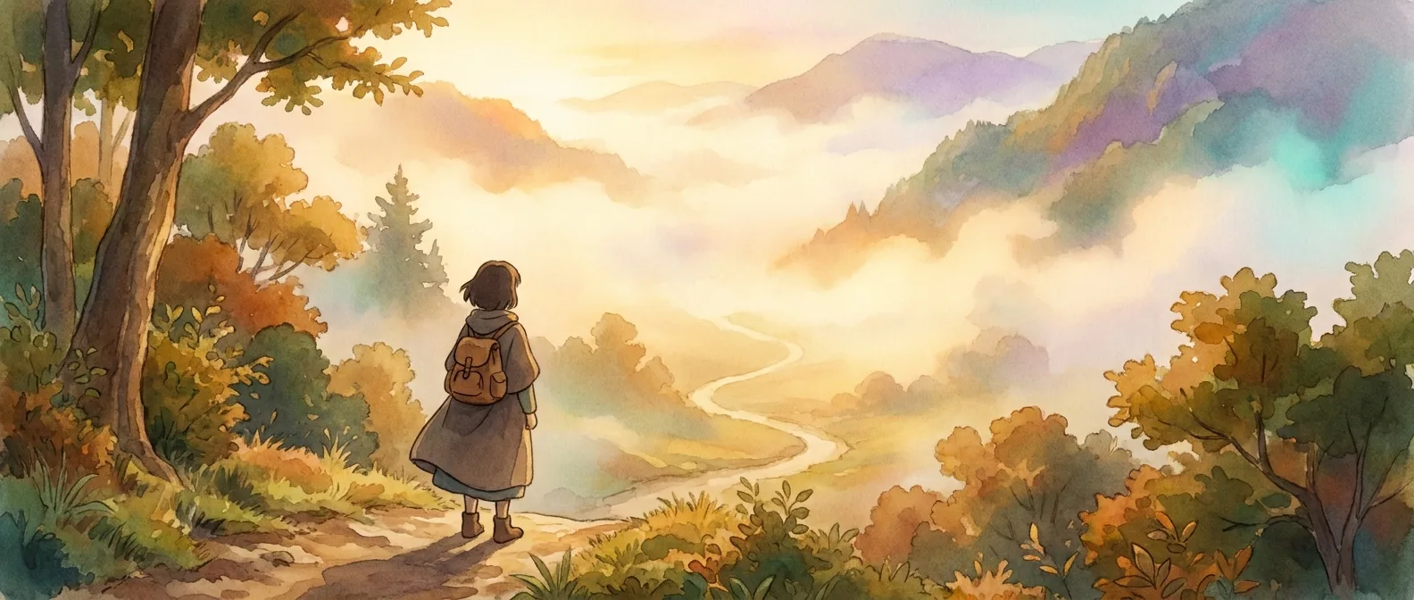 A warm Studio Ghibli scene — a lone traveler at a misty trailhead at dawn, looking out at a path that disappears into golden fog: not knowing as a beginning