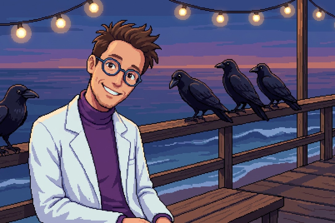 Pixel-art scene: Science Stanley sitting on a Venice boardwalk bench at dusk, five glossy black crows perched along the rail beside him, one tilting its head toward him