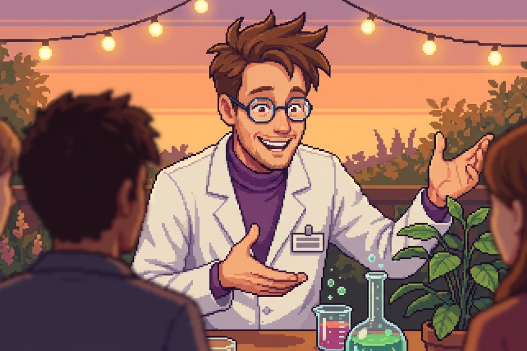 Pixel-art scene: Science Stanley mid-demonstration at a warm garden table at sunset, a small group of companions seated around him and shown from behind as they lean in to watch