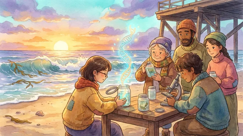 Soft Studio-Ghibli watercolor — a small group at the shoreline examining water-sample jars and a microscope at sunset, a glowing strand of ocean DNA rising, kelp and waves behind.