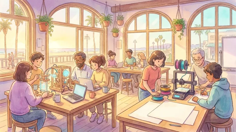 Soft Studio-Ghibli watercolor — a bright maker space where small teams build with laptops and a 3D printer, a softly glowing prototype, warm beach light through tall windows.