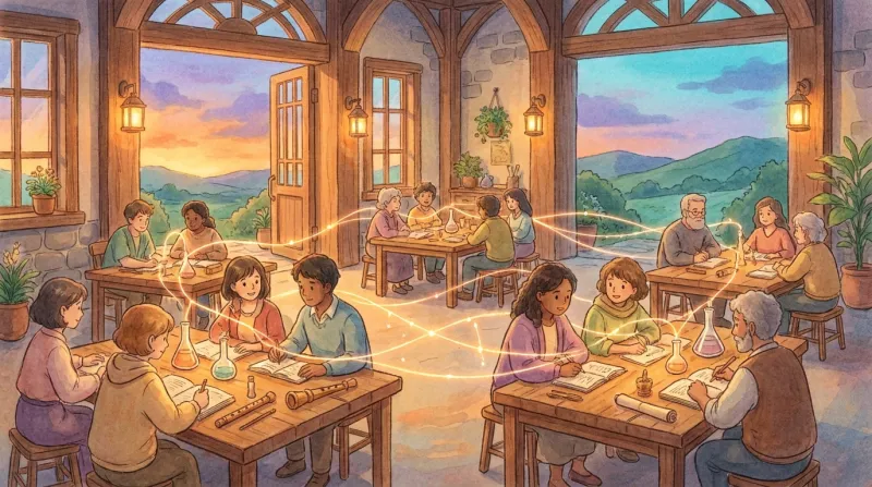 Soft Studio-Ghibli watercolor — several tables of diverse people working together, gently linked by soft threads of warm light, an open door to rolling hills at sunset.