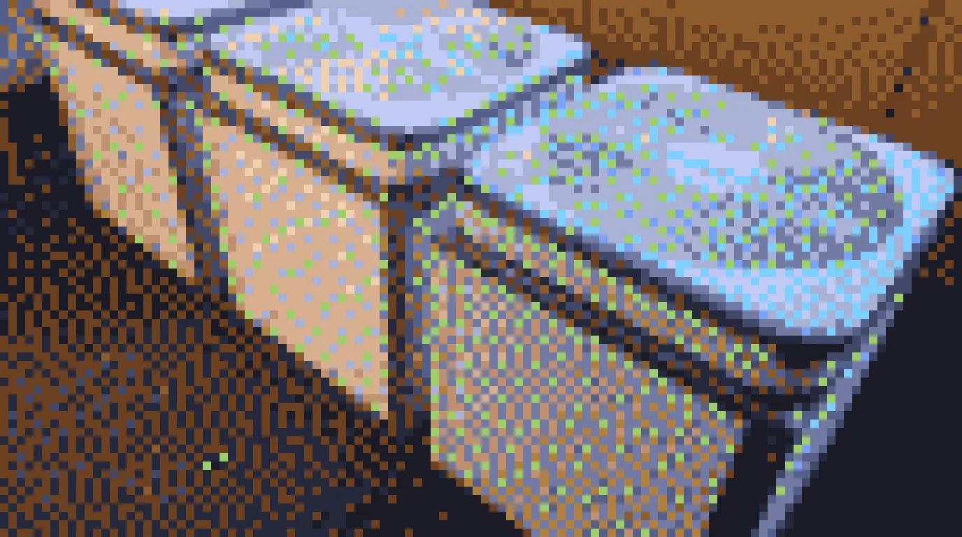 Three finished Corsi-Rosenthal boxes — box fans taped to furnace filters — lined up and ready in a classroom, rendered in pixel art