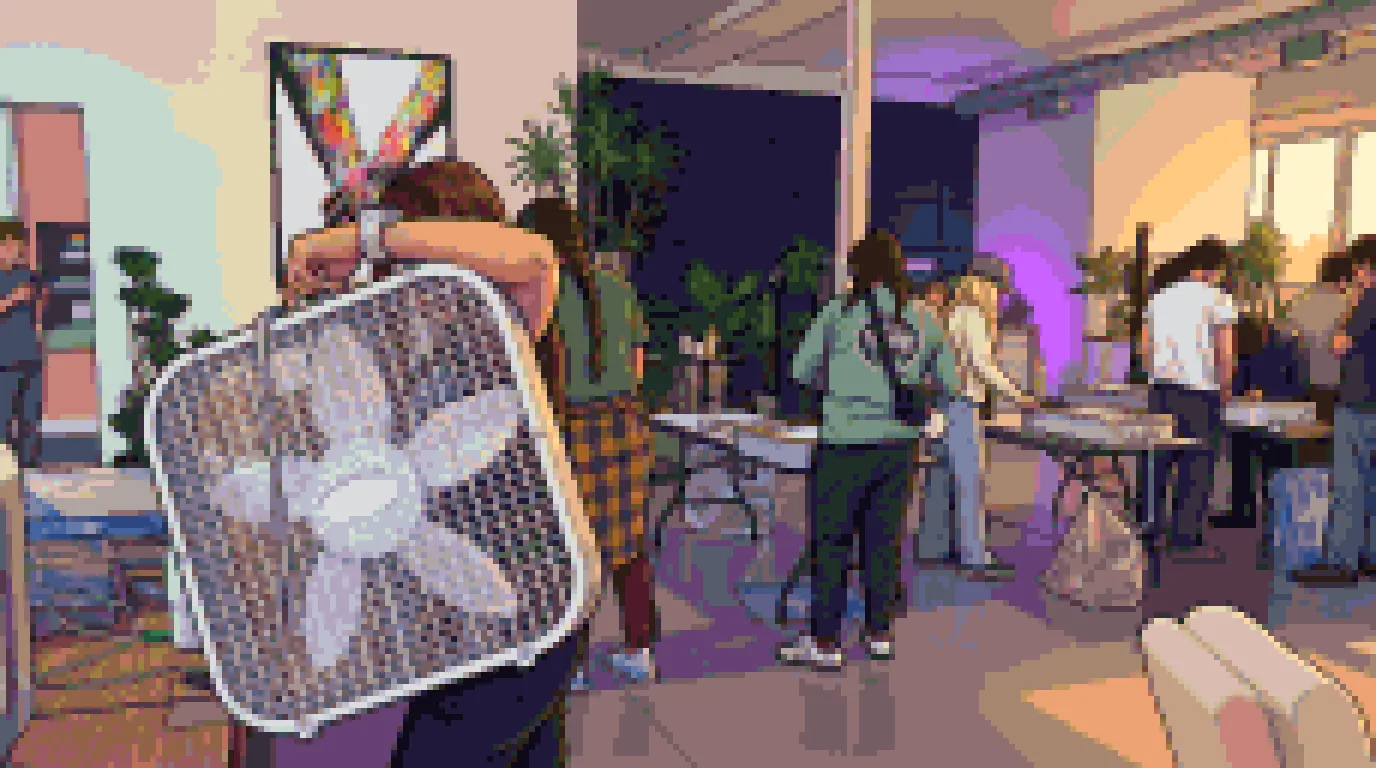 Volunteer build day at the KINN community center, rendered in pixel art — a builder carries a box fan past tables of neighbors assembling Corsi-Rosenthal air filters