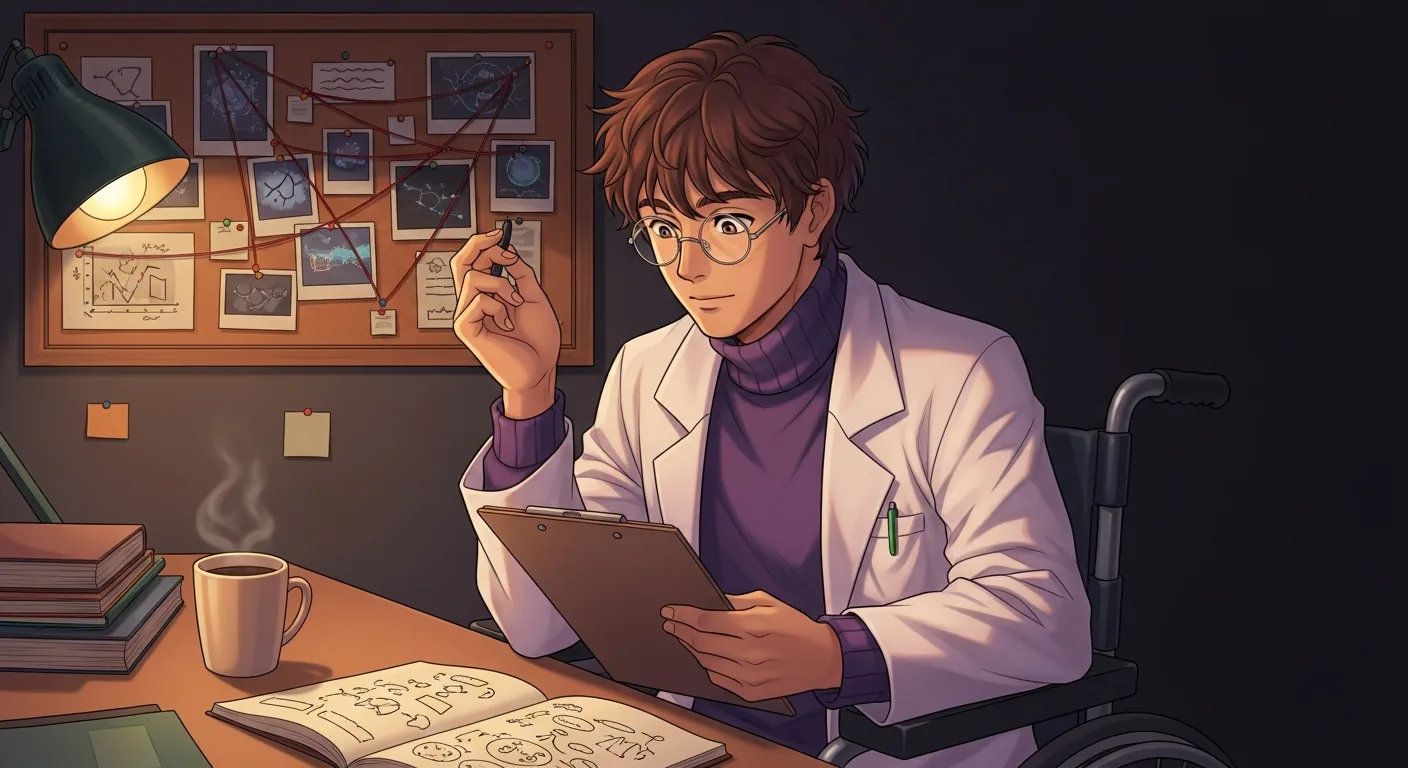 Ghibli scene: Stanley alone in his Venice Beach lab — seated in his wheelchair at a desk, holding a clipboard, open notebook in front of him with sketch lines, warm lamp light, cork pinboard with red string and pinned polaroids on the back wall