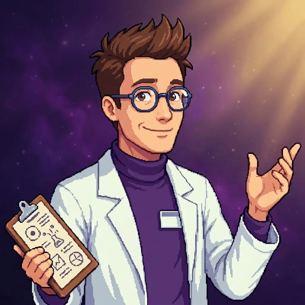 Pixel-art portrait of Science Stanley mid-explanation — spiky brown hair and round blue-framed glasses, holding a clipboard of sketches with one hand raised in a warm explaining gesture, white lab coat catching motion, against a cosmic starfield