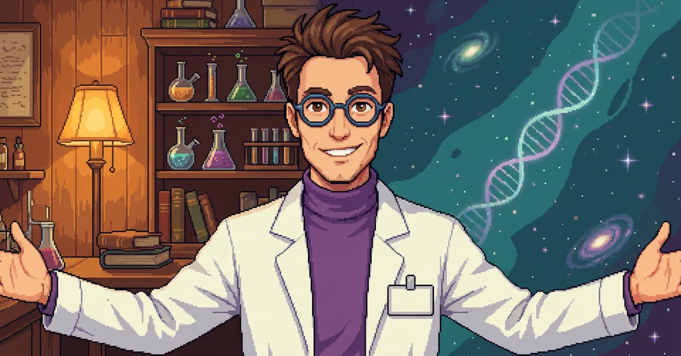 Pixel-art scene with Ghibli warmth: Science Stanley stands at the center with arms open wide, bridging two worlds — on the left his cozy wooden lab with a warm lamp, bookshelves, and glassware; on the right a cosmic field of stars and galaxies with a glowing DNA double helix rising — the two blending seamlessly around him