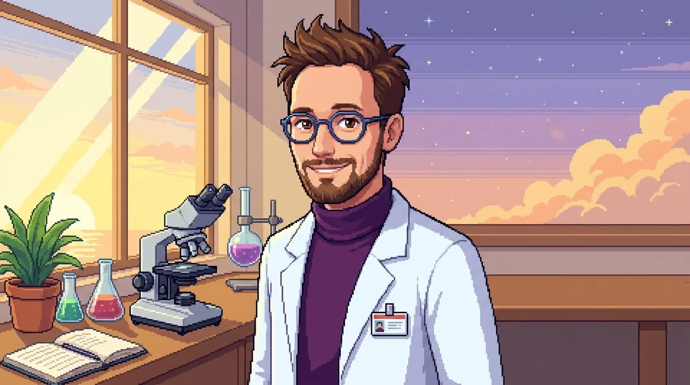 Pixel-art scene of Science Stanley in his sunlit Venice Beach laboratory — in a white lab coat over a purple turtleneck beside a wooden bench with a microscope, glass beakers, an open notebook, and a potted plant, by a large window where golden sunlight meets a cosmic twilight sky scattered with stars; warm, curious, and welcoming