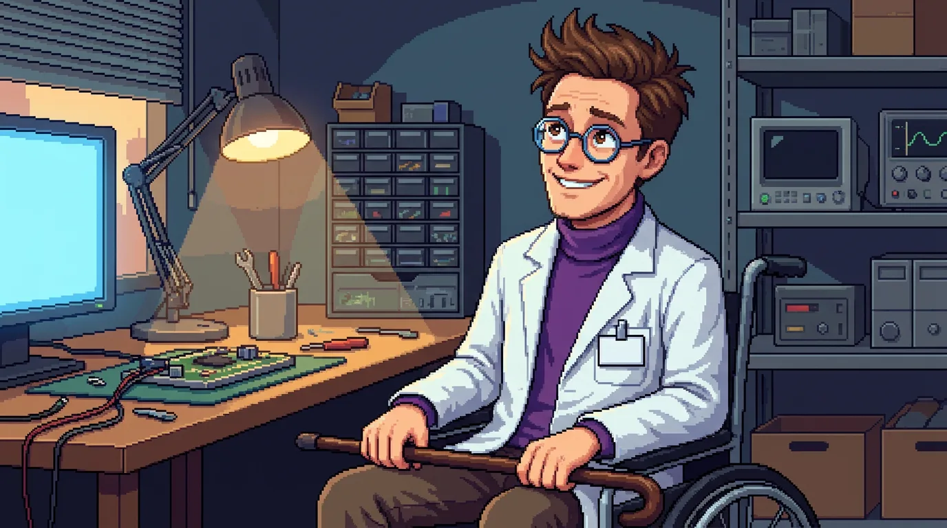 Pixel-art scene: Science Stanley at his garage electronics bench under a warm work-lamp, seated in his manual wheelchair with a wooden cane resting across his lap — both aids present — a circuit board and tools on the desk, an oscilloscope on the shelf behind; white lab coat over a purple turtleneck, round blue glasses, an easy smile; matter-of-fact and warm