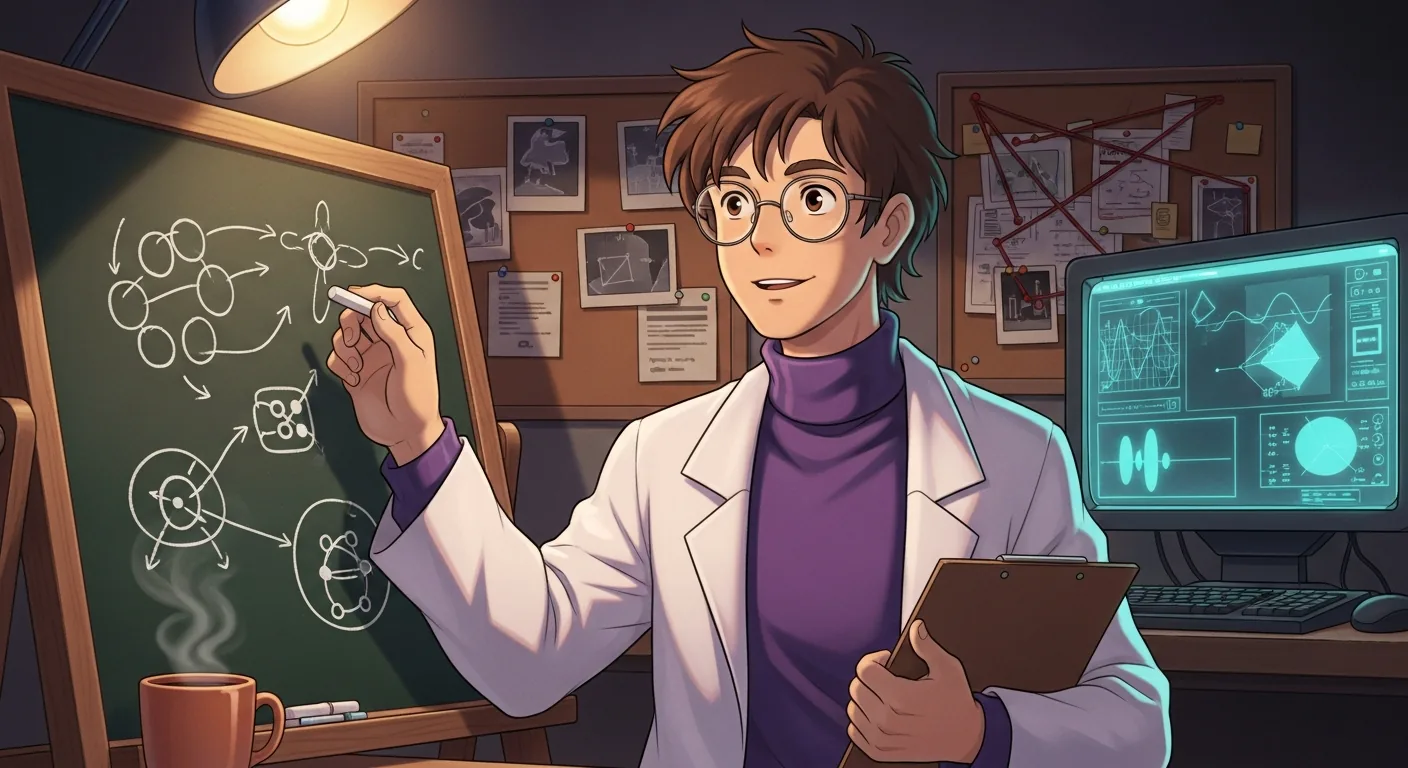 Ghibli scene: Stanley standing at a chalkboard caught mid-realization — chalk raised, eyes bright with curiosity, abstract reasoning diagram on the board, CRT monitor with data shapes behind, warm lamp light