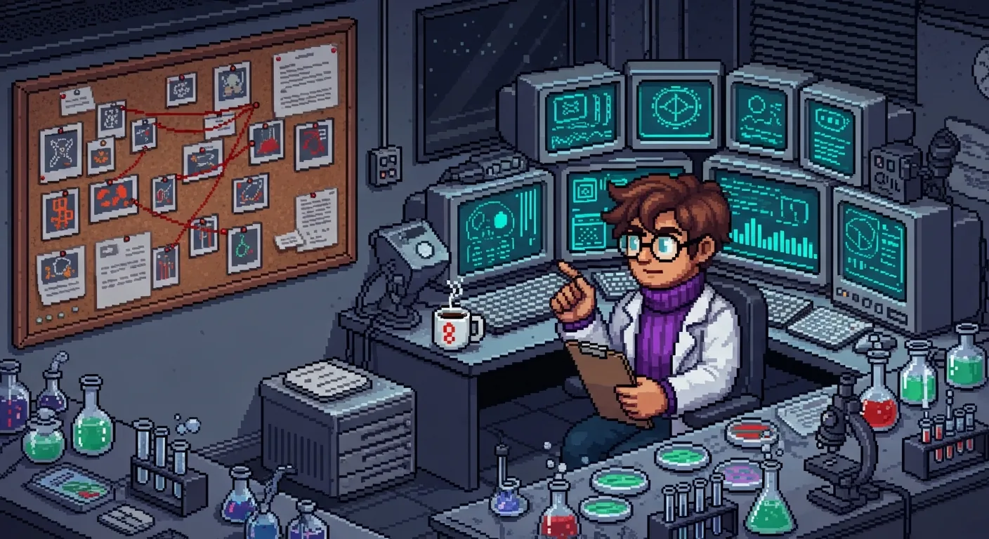 Pixel-art scene: Stanley at his Venice Beach lab workstation — investigation board with red string on the left, glowing CRT monitors with data visualizations behind him, lab bench with bubbling beakers and a microscope in the foreground