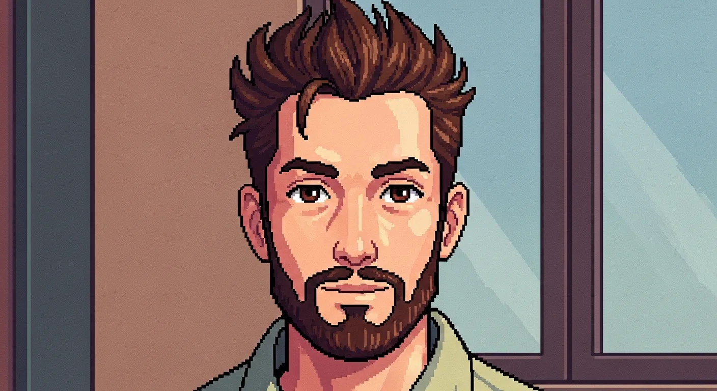Pixel-art portrait of Stanley in sage-green coat — head-and-shoulders framing, quiet contemplative register, soft window light from a doorway behind, rare-disease patient-advocacy page hero