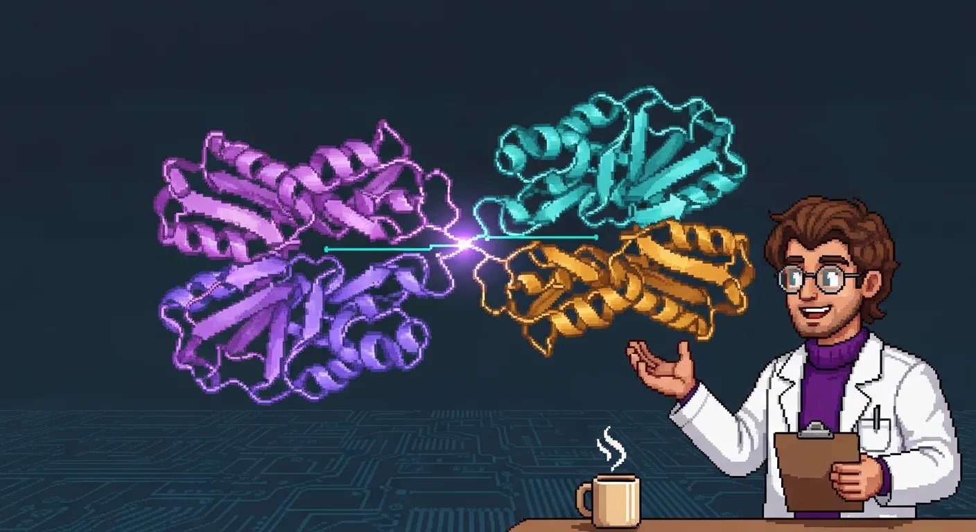 Pixel-art protein design scene — four small protein structures in 2×2 arrangement (purple, teal, indigo, amber) with cyan connection lines; Stanley right with full brand anchors. Computational binder design aesthetic.