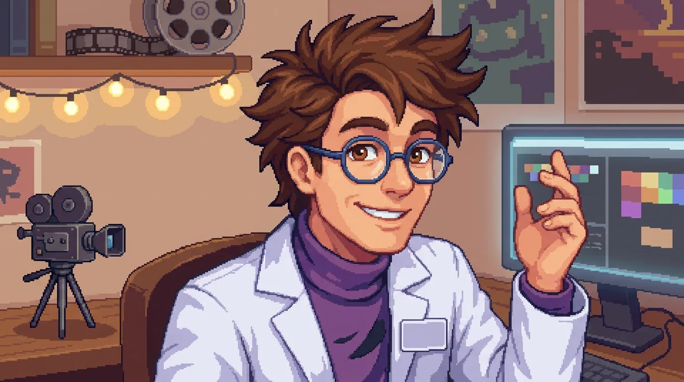 Pixel-art scene — Stanley in a cozy studio corner with a vintage film camera on a tripod, string lights, film reels, and an edit monitor of abstract color swatches