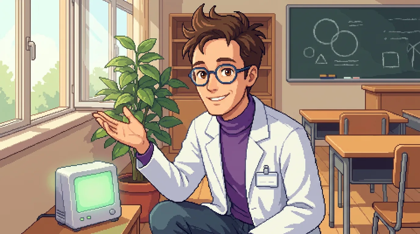 Pixel-art scene — Stanley crouches in a sunlit classroom beside a small glowing air-quality monitor and a leafy plant, gesturing toward the open window