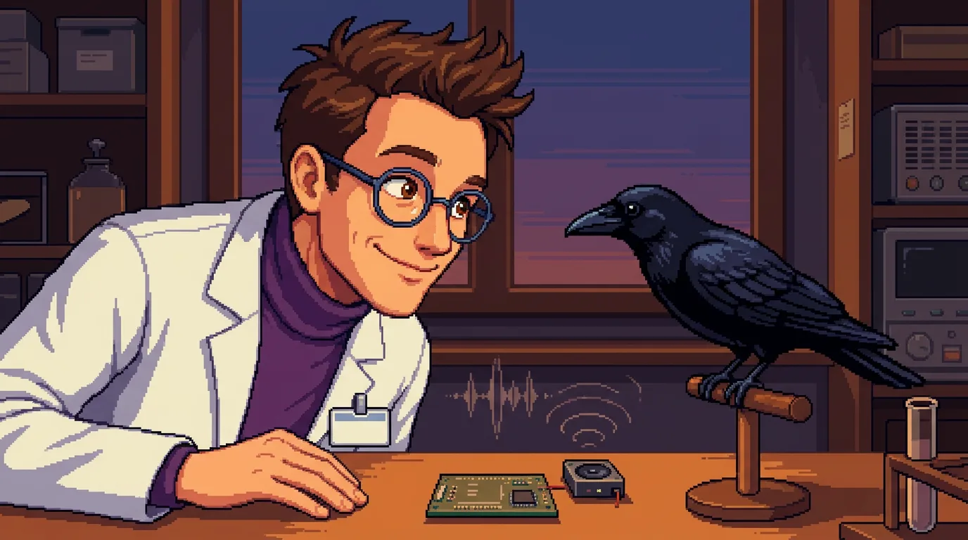 Pixel-art scene — Stanley leans in eye-to-eye with a glossy black crow on a wooden stand at his dusk lab bench, a small circuit board and speaker between them
