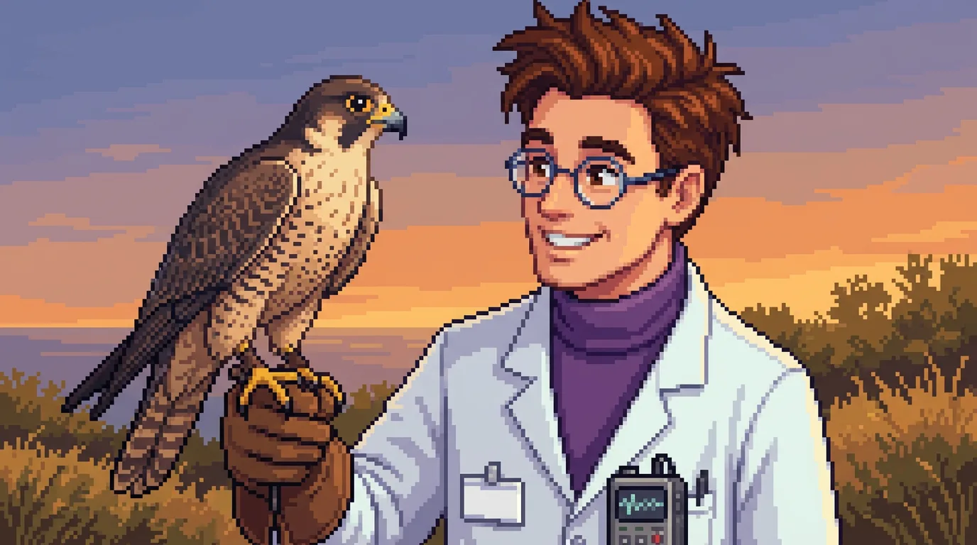 Pixel-art scene — a falcon perched on Stanley's leather glove at eye level at golden hour, a field recorder with a soft waveform at his side, coastal scrub behind