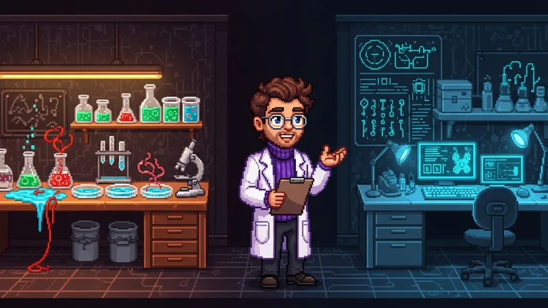 Pixel-art lab workshop split into two zones — left has wet-lab beakers and microscope under amber glow, right has stacked CRT monitors with code-block shapes. Stanley center with clipboard, red pixel-string connecting a beaker to a monitor.