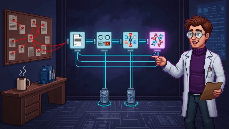 Pixel-art lab scene with a horizontal four-node pipeline (paper, reading-glasses, medical-cross, protein-structure) connected by cyan data lines. Stanley on the right with clipboard, mid-gesture pointing at the pipeline.
