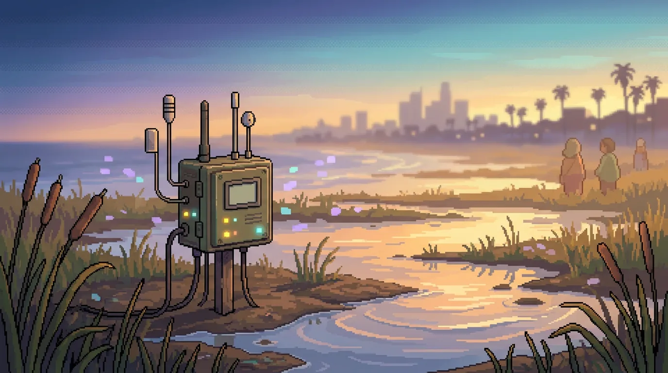 Pixel-art scene — a single rugged open-source biosensor node staked into a coastal salt-marsh at the tide line: a weatherproof box with a stubby antenna and slim sensor probes among wetland reeds and shallow water, the hazy Los Angeles coastline and gentle surf beyond, in golden-hour light