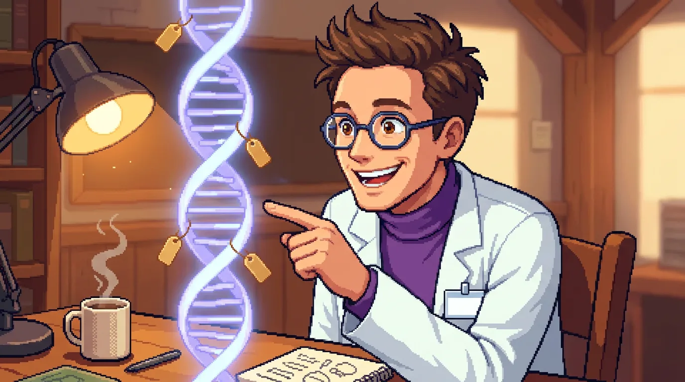 Pixel-art scene — Stanley points, delighted, at a tall glowing double helix where small gold tags attach like bookmarks, a steaming mug on the bench