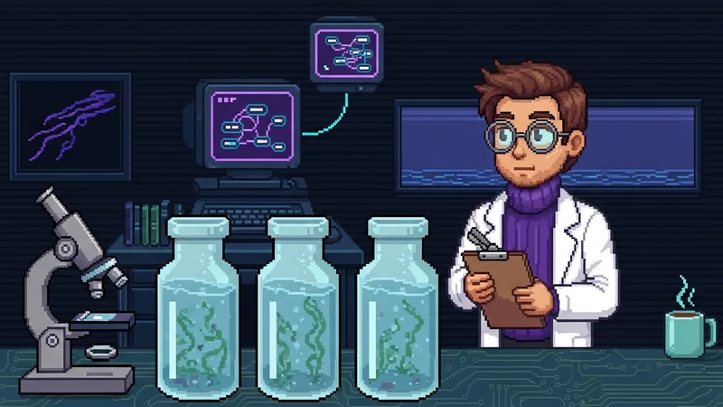 Pixel-art marine science lab with three large sample vials in the foreground holding blue-green liquid and kelp filaments. Microscope on the left, Stanley on the right with clipboard, mid-gesture toward the vials. Window behind shows a faint ocean horizon.