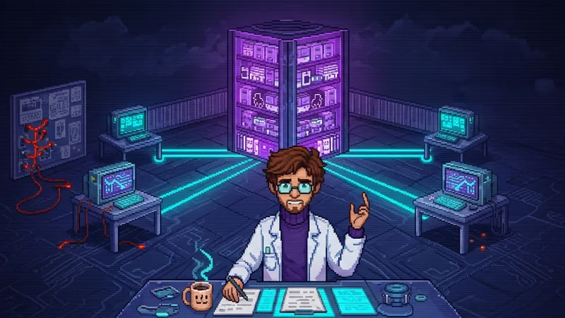 Pixel-art lab scene with a tall central data-archive structure glowing purple, cyan data lines radiating outward to four researcher workstations around the perimeter. Stanley center-foreground with clipboard.
