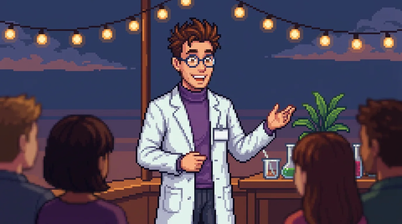 Pixel-art scene — Stanley speaks from a small stage corner under string lights at dusk, a table demo of glassware and a green plant beside him, listeners seen from behind