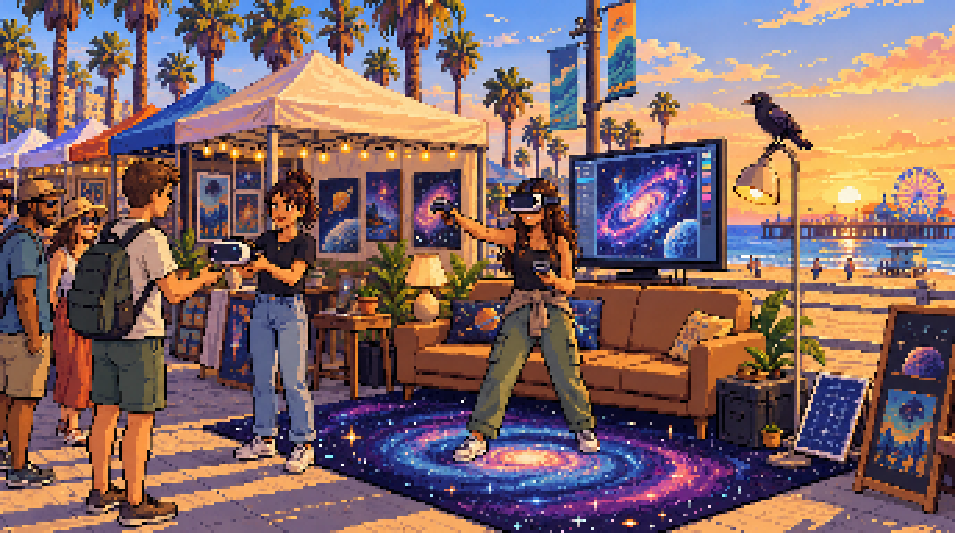 Pixel-art scene of the SpacePost art walk on the Venice boardwalk at sunset — artists' pop-up tents hung with cosmic prints, a painter in a VR headset working on a galaxy shown on a big screen beside a couch, a small solar panel, a crow on the lamp, the pier and Ferris wheel on the horizon