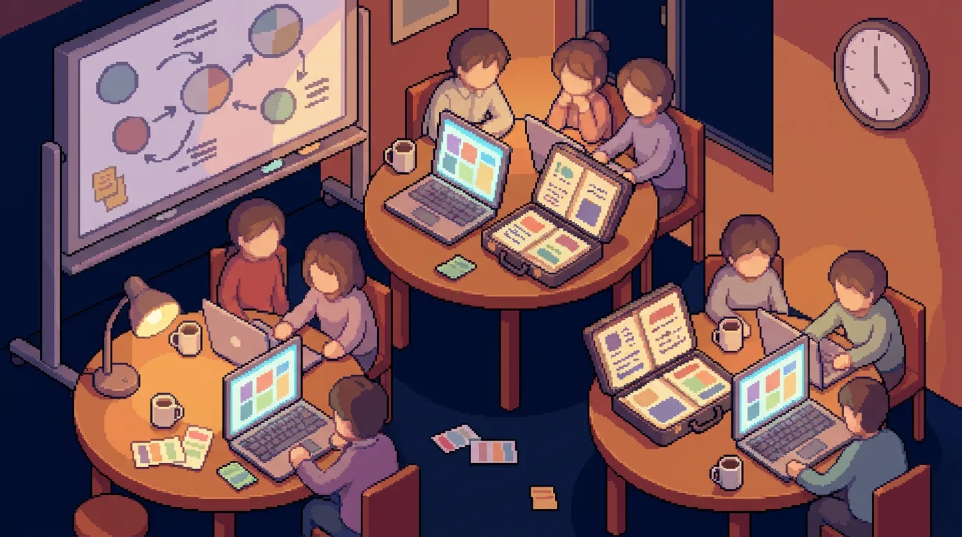 Pixel-art scene — a late-night rare-disease hackathon room: three or four small round tables where softly-rendered, faceless silhouettes lean in over a shared case folder and a laptop, a wall clock marking the 48-hour countdown, a whiteboard of circles and arrows, coffee cups and warm focused light