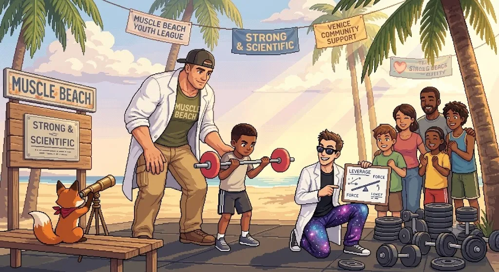Pixel-art scene of a Muscle Beach youth training session — a coach spotting a young lifter's curl, a figure in a lab coat and galaxy trousers kneeling beside a chalk diagram of a lever, a fox mascot with a telescope, and STRONG AND SCIENTIFIC signage