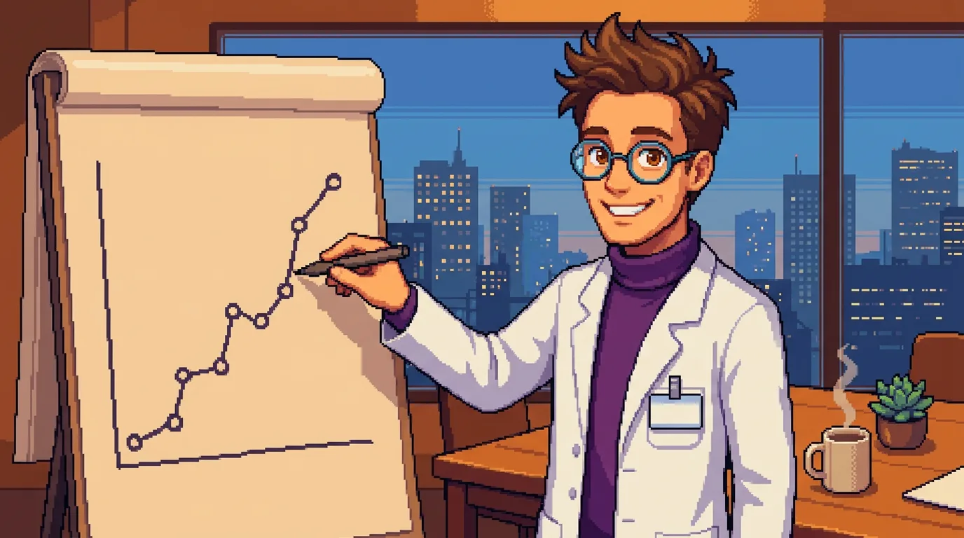 Pixel-art scene — Stanley sketches a rising curve of connected nodes on a flip pad in a warm evening meeting room, a glowing city skyline out the window