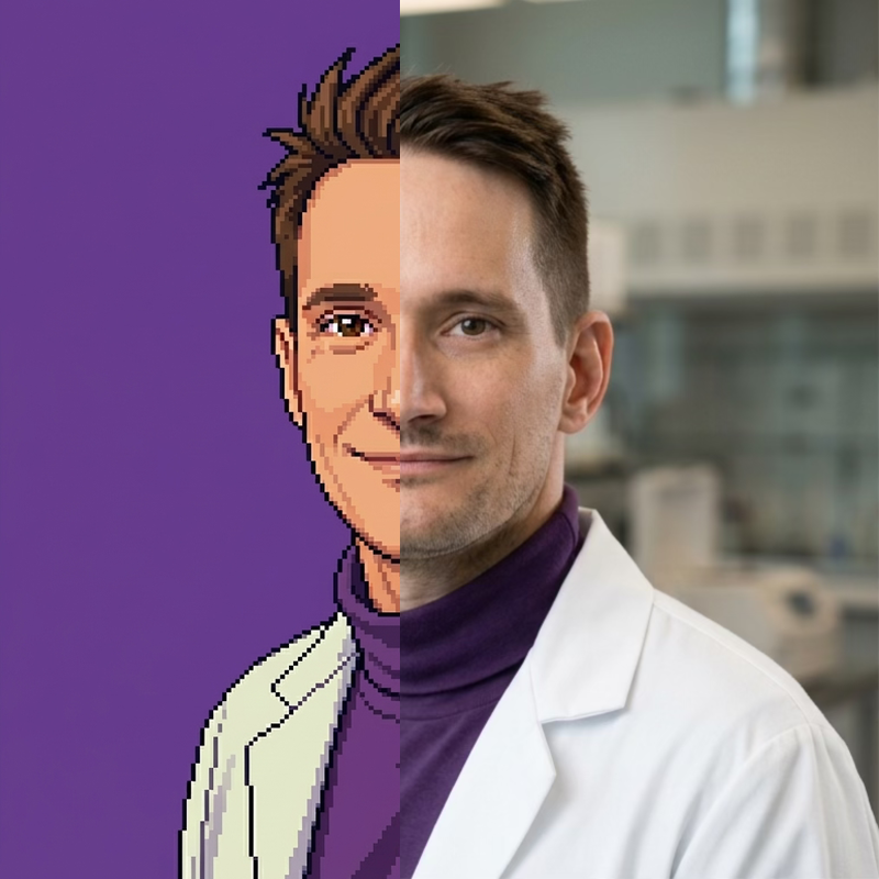 Split portrait of Stanley: on the left, the pixel-art Science Stanley drawing in a white lab coat and purple turtleneck; on the right, a photograph of Stanley in the same lab coat and turtleneck, the two halves meeting at a sharp line down the middle of the face