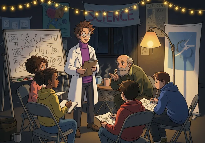Science Sunday community gathering — researchers, students, and builders sharing ideas in warm light