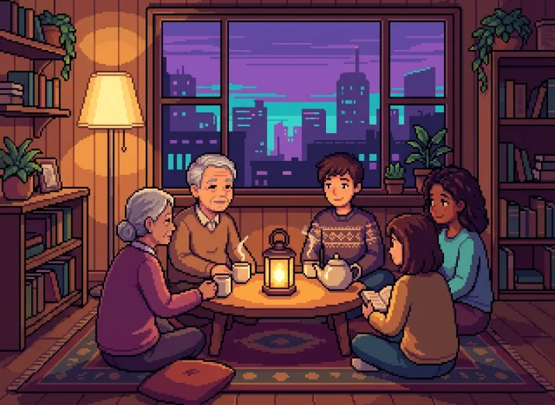 Warm lamplight over a small circle of people of different ages gathered close around a glowing lantern and shared tea at dusk — the quiet work of care, memory, and community holding one another