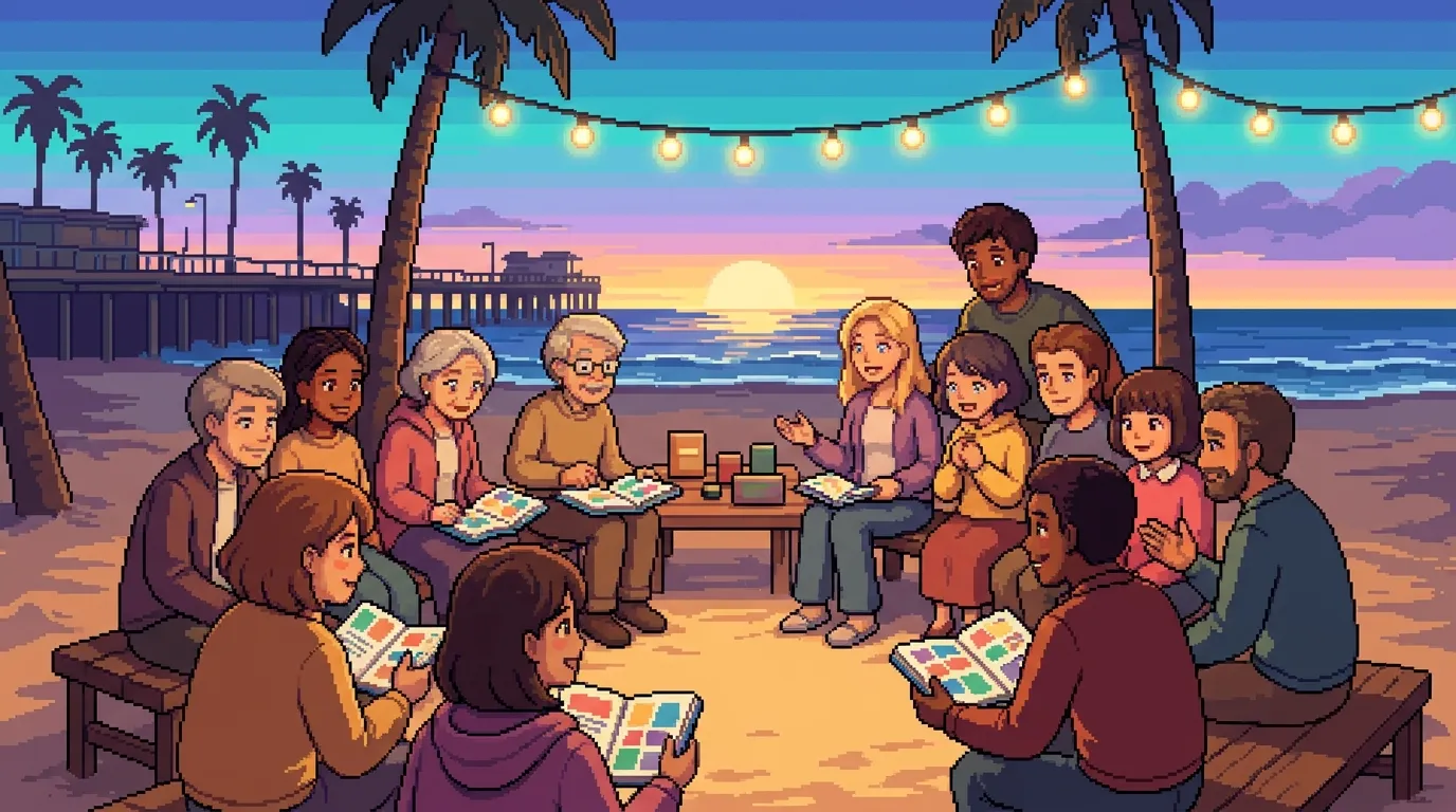 A warm pixel-art Science Sunday gathering outdoors at Venice Beach — people of many ages sitting in a circle on the sand under string lights at dusk, sharing open notebooks as the sun sets over the ocean, the feeling that anyone curious belongs