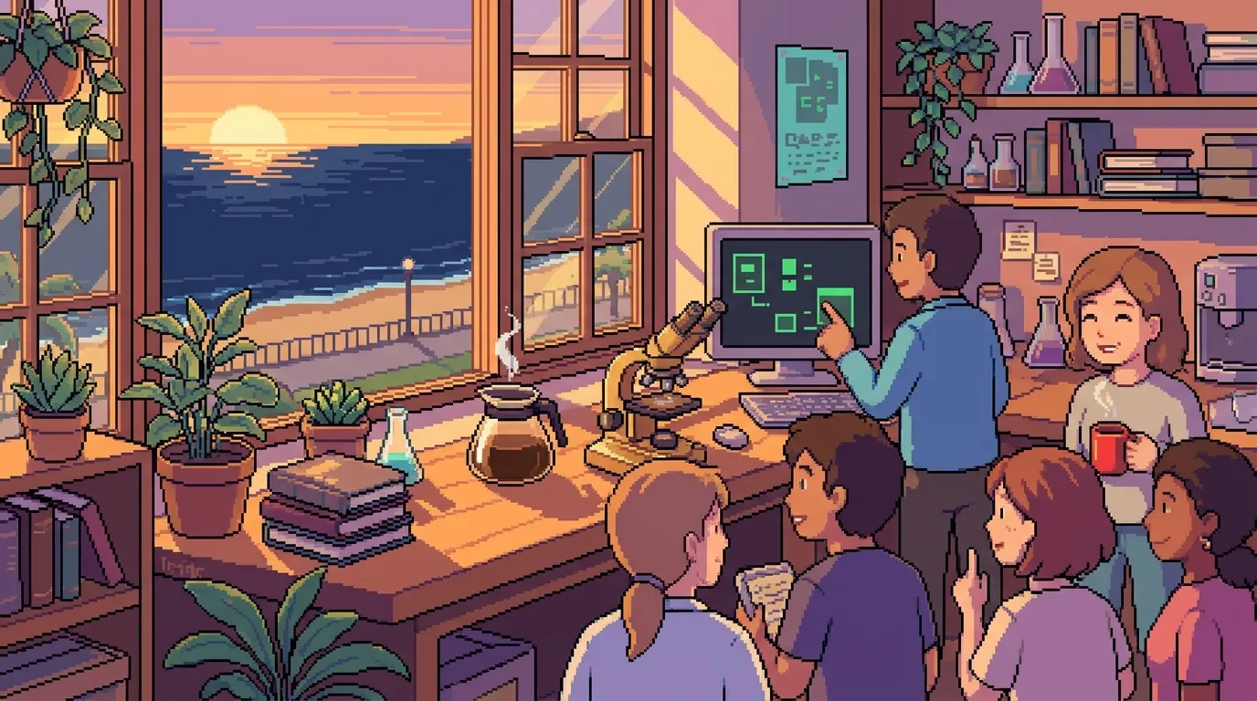 A warm pixel-art scene inside the Venice Beach lab at sunset — people of different ages gathered around a microscope and a glowing screen by a window open to the Pacific, fresh coffee and books on the bench, the open-door feeling that anyone curious belongs